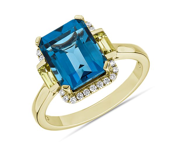 London Blue Topaz and Peridot Octagon Ring in 14k Yellow Gold