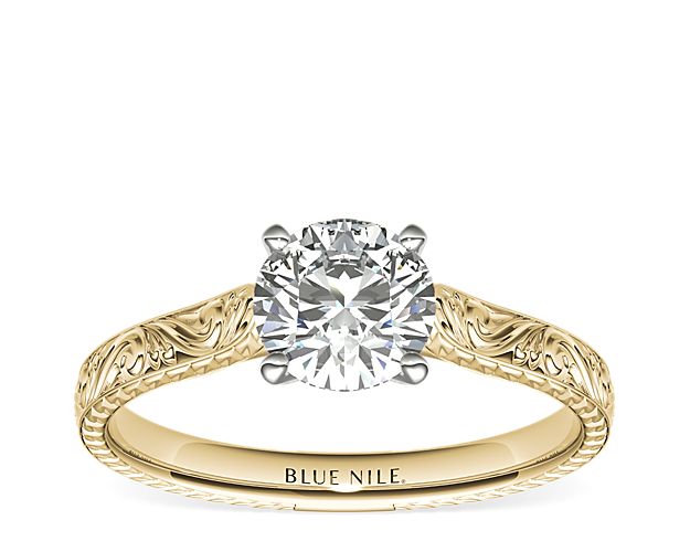 Hand-Engraved Solitaire Engagement Ring in 18K Yellow Gold