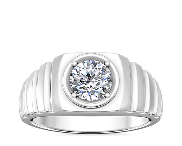 Men's Ridged Solitaire Engagement Ring in 14k White Gold