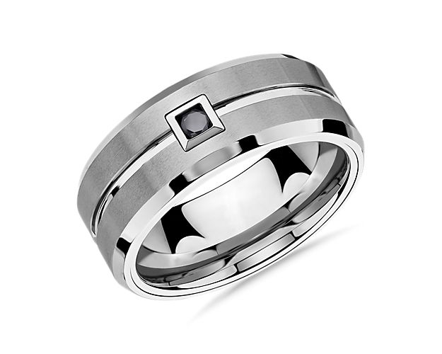 Single Black Diamond Wedding Ring in White Tungsten Carbide (9 mm, 1/10 ct. tw.)