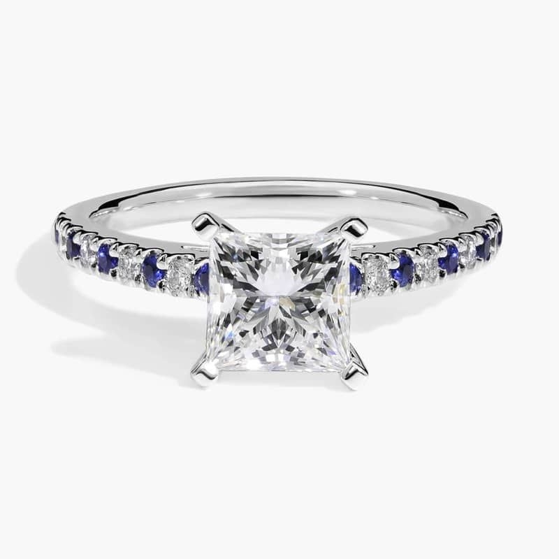 1 1/2 CT. GIA Certified Princess Lab Created Diamond Riviera Micropavé Sapphire and Diamond Engagement Ring in 14k White Gold